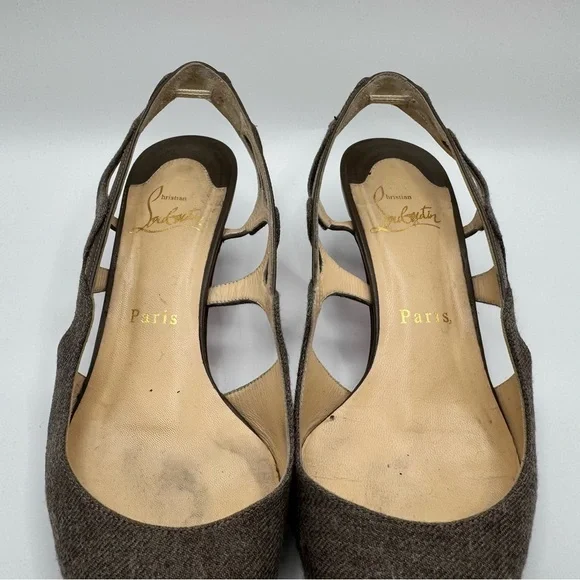Christian Louboutin Wool Slingback Heels Brown Pointed Toe Kitten Heel EU 36.5 - Picture 3 of 6